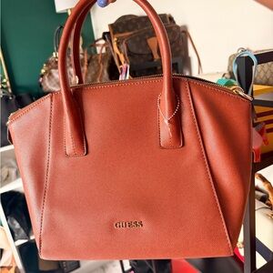 Guess Brown Cognac Saffiano Satchel Handbag Gold Hardware